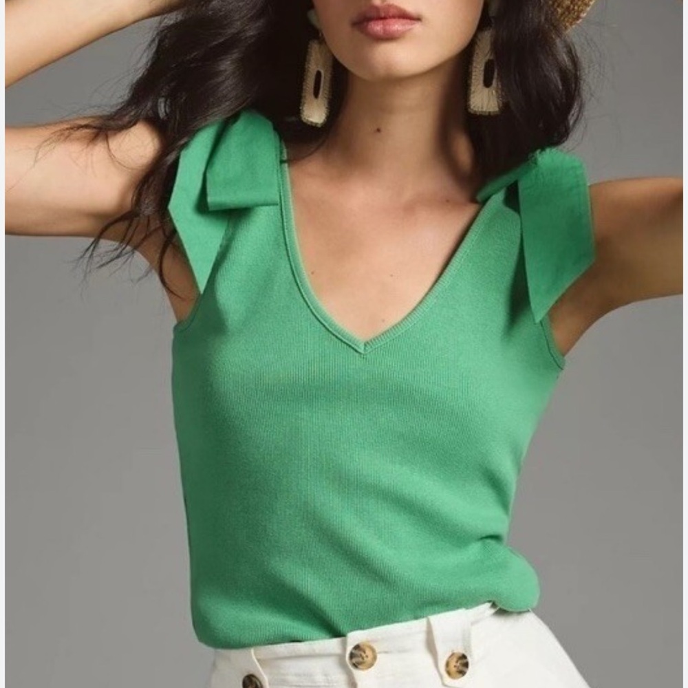 MAEVE ANTHROPOLOGIE RAFAELA BOW TIE TANK TOP EMERALD GREEN SMALL BLOUSE - Picture 2 of 6